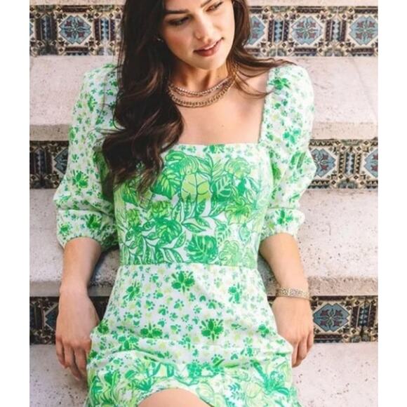 LILLY PULITZER Esteli Romper Size 4 Puff Sleeve Green Party Animals - Picture 9 of 15